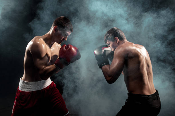 istock Two professional boxer boxing on black smoky background 813176370
