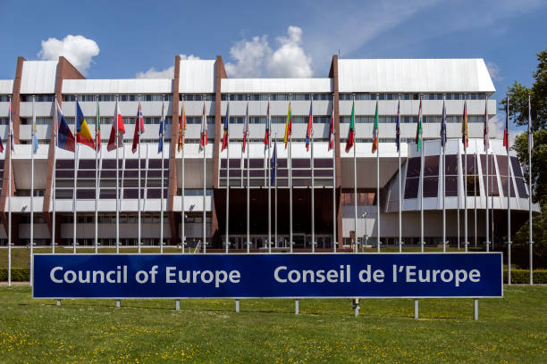 Council of Europe Building - Strasbourg - France Council of Europe Building in Strasbourg in the Alsace region of France. The Council of Europe is an international organization whose stated aim is to uphold human rights, democracy, rule of law in Europe and promote European culture. Founded in 1949, it has 47 member states and represents approximately 820 million people european court of human rights stock pictures, royalty-free photos & images