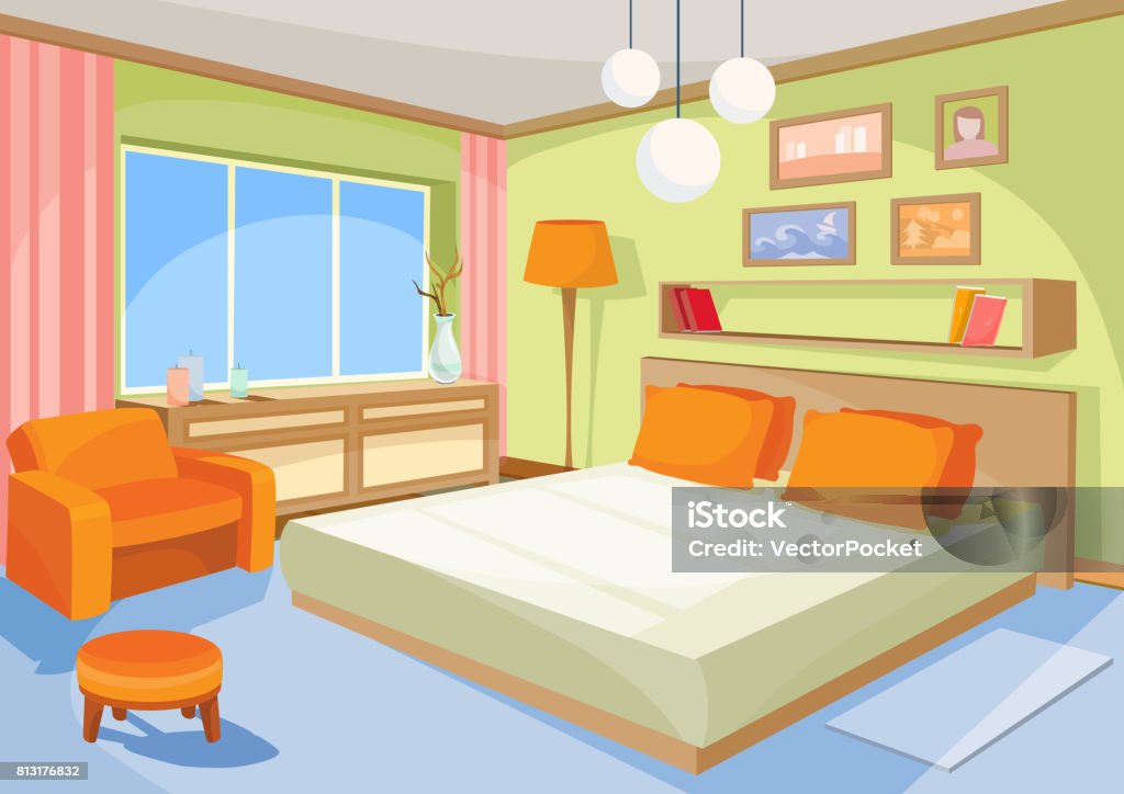 Vector Cartoon Illustration Interior Orangeblue Bedroom A Living Room With  A Bed Soft Chair Stock Illustration - Download Image Now - iStock