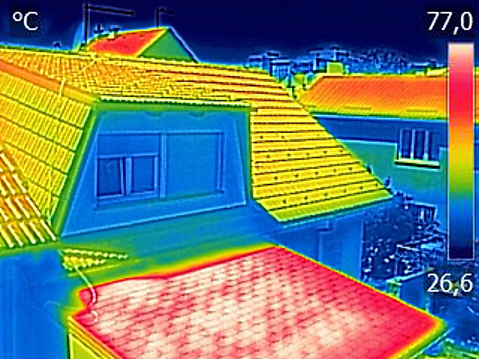 Infrared thermovision image showing, Warmed roofs on family homes
