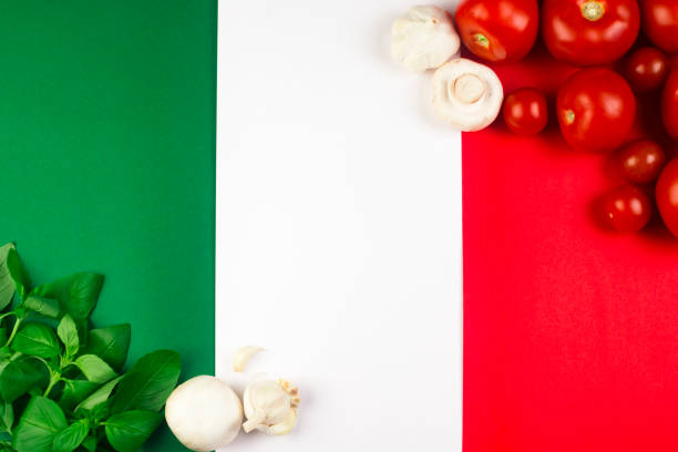 On Italian flag are Italian food ingredients: basil, tomato, garlic, mushroom.