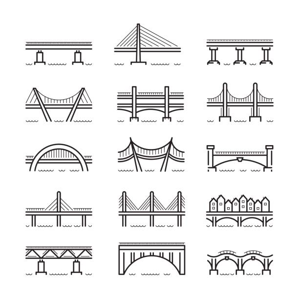 illustrazioni stock, clip art, cartoni animati e icone di tendenza di vettore set di icone della linea di ponte - arch bridge immagine