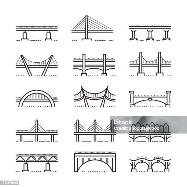 Bridge Line Icon Set Vector Stock Illustration - Download Image Now - Bridge - Built Structure, Icon Symbol, Arch Bridge