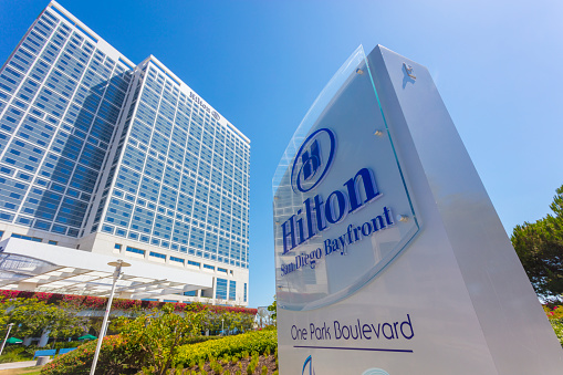 An editorial stock photo of the San Diego Bay Front Hilton Hotel.