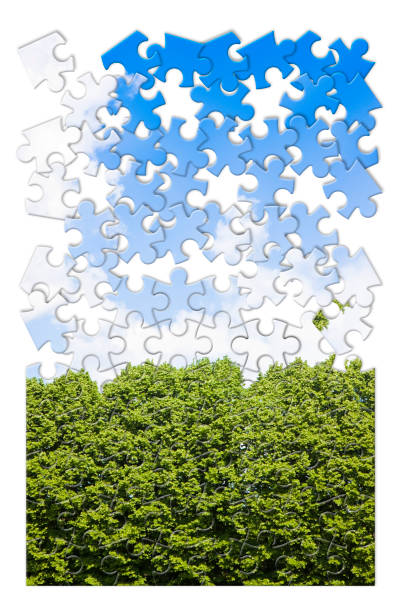 istock Green trees against a cloudy sky - concept image in puzzle shape 813202382