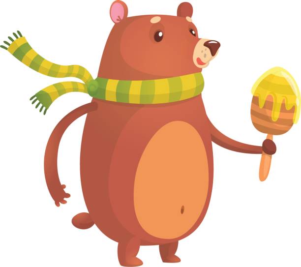 ilustrações de stock, clip art, desenhos animados e ícones de happy cartoon brown bear with honey wooden stick. vector illustration isolated - fluffy bear cute friendship