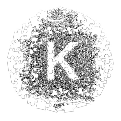 Letter K. Hand made font drawn with graphic pen on white background in jigsaw puzzle shape