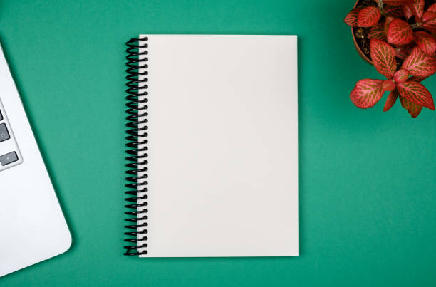 istock Minimal workplace with laptop and blank notepad on colored background. Top view. Flat lay 813202934