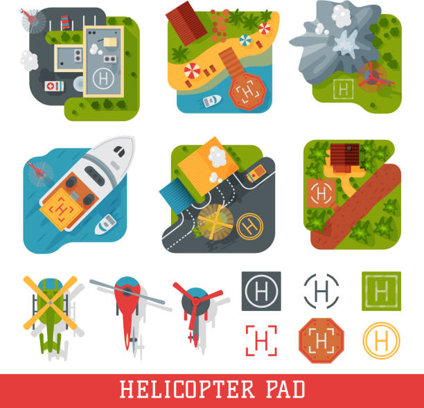 Helicopter pad landing ground landing area platform vector top view illustration Helicopter pad landing ground landing area platform vector top view illustration. Helicopters landing pad aviation city platform. Takeoff vehicle tourism heliport sign. helicopter landing on yacht stock illustrations