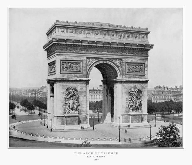 arco di trionfo, parigi, francia, fotografia antica di parigi, 1893 - arc arc de triomphe paris france street foto e immagini stock