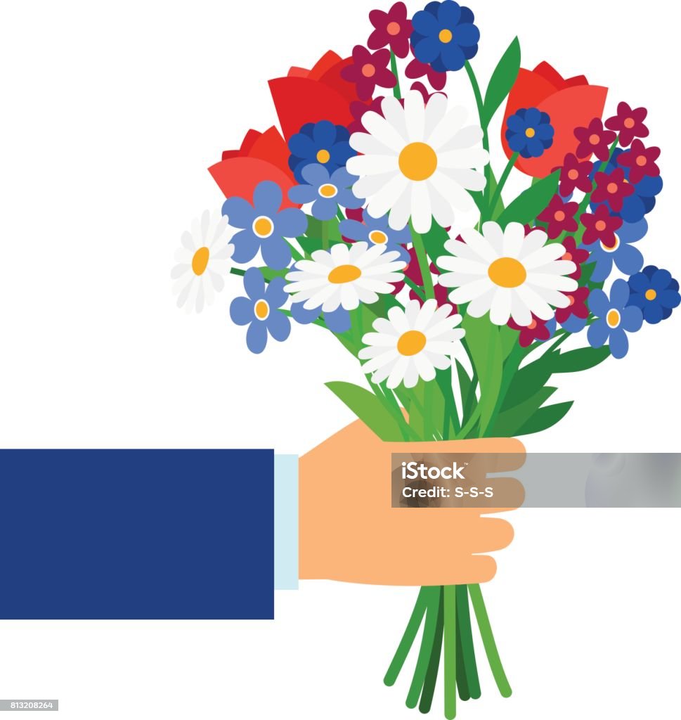 Bouquet in businessman hand Bouquet in businessman hand isolated on white. Man holding and giving vector gift flowers daisies, tulips and cornflowers Flower stock vector