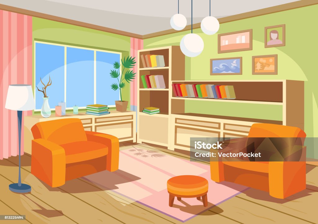 Vector Illustration Of A Cartoon Interior Of An Orange Home Room A Living  Room With Two Soft Armchairs Stock Illustration - Download Image Now -  iStock