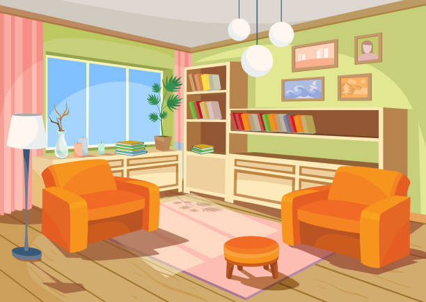 Vector Illustration Of A Cartoon Interior Of An Orange Home Room A Living  Room With Two Soft Armchairs Stock Illustration - Download Image Now -  iStock
