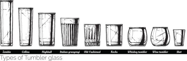 illustration of tumbler glass types Types of tumbler glass. Vector hand drawn illustration of tumblers in vintage engraved style. isolated on white background. highball glass stock illustrations