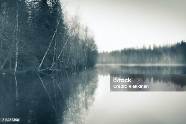 Foggy Landscape With Gloomy Mood And Lake At Toned Photo Stock Photo - Download Image Now