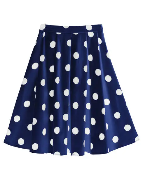 Navy blue silk satin dotted skirt isolated on white