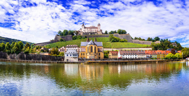 Authentic beautiful towns of Germany - Wurzburg, view with vineyards and fortress Landmarks of Germany - medieval town Wurzburg on Main River franconia stock pictures, royalty-free photos & images