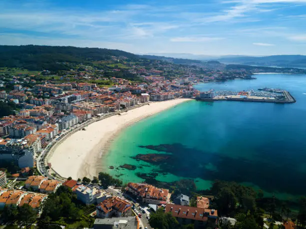 Aerial view of an empty beach in Sanxenxo in the Ria de Pontevedra, Spain.