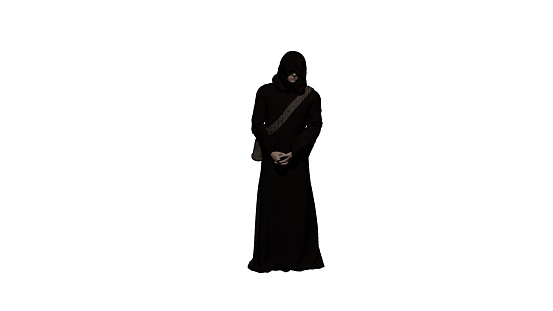 3D illustration of man wanderer in the black poor monk robe with his arms crossed and a go bag isolated on white background
