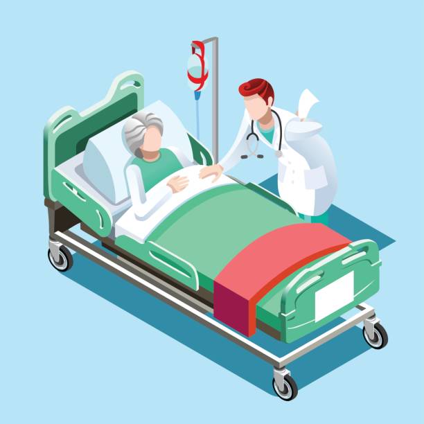 Medical Patient Bed and Doctor Talking Vector Isometric People Flat 3D illustration Isometric interior of hospital room. Doctors treating the patient. Hospital clinic interior operation ward cells flat 3d isometry isometric concept web vector illustration. facilities protection services stock illustrations