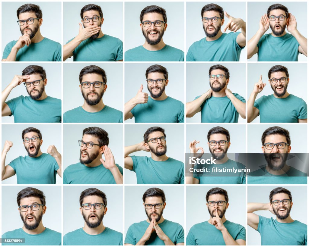 Satz des jungen Mannes Porträts mit verschiedenen Emotionen und Gesten isoliert - Lizenzfrei Gesichtsausdruck Stock-Foto