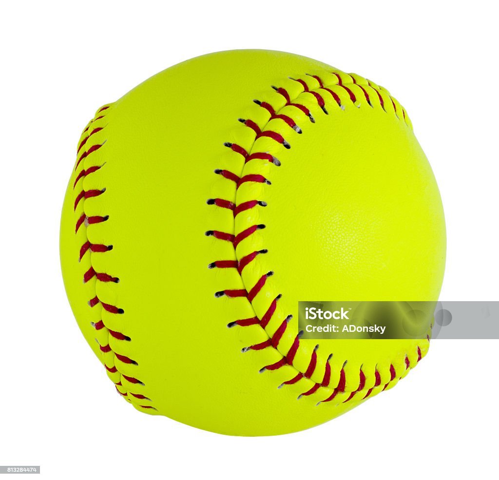 Softball isolated on white background. Softball isolated on white. Leather and seam details are visible  Clipping path is included Softball - Ball Stock Photo