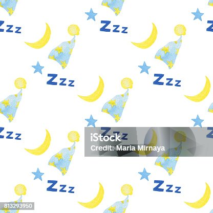 istock Seamless pattern made of hand-drawn watercolor yellow moon with stars and nightcap 813293950