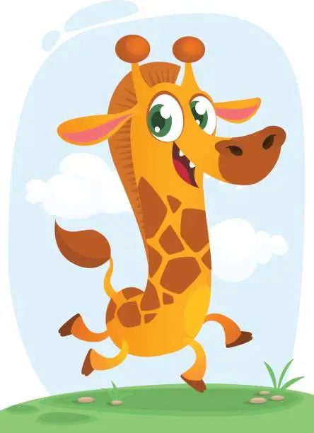 Vector illustration of Cool giraffe running. Cartoon vector illustration of excited giraffe running over a simple savanna background. Isolated.