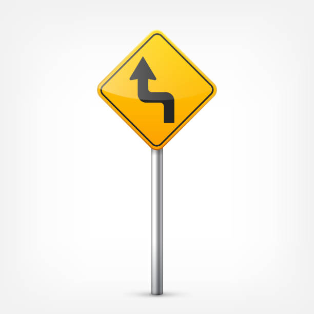 istock Road yellow signs collection isolated on white background. Road traffic control.Lane usage.Stop and yield. Regulatory signs. Curves and turns 813311484