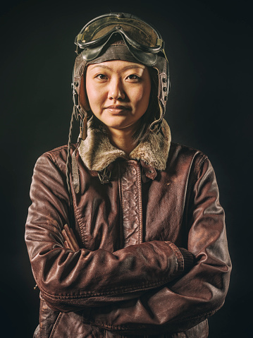 A Japanese woman pilot in a vintage style.