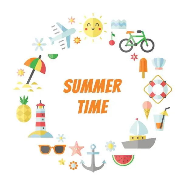 Vector illustration of Summer and sea flat  circle vector frame.