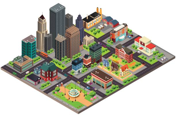 ilustraciones, imágenes clip art, dibujos animados e iconos de stock de diseño isométrico de calles y edificios - villa asentamiento humano