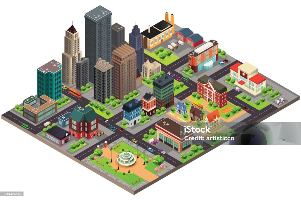 Isometric Design of City Streets and Buildings A vector illustration of Isometric Design of City Streets and Buildings Isometric Projection stock vector