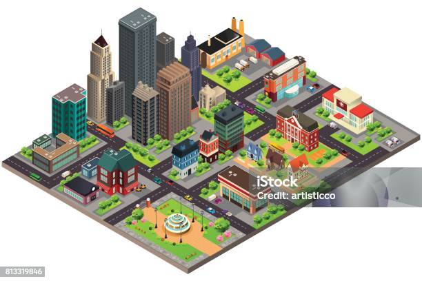 Isometric Design Of City Streets And Buildings Stock Illustration - Download Image Now - Isometric Projection, City, Town