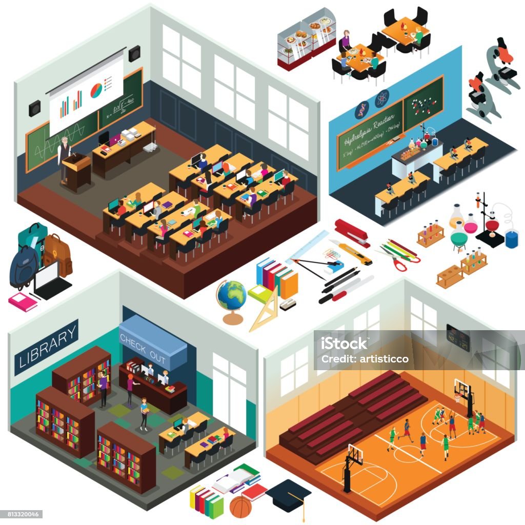 Isometric Design of School Buildings and Classrooms A vector illustration of Isometric Design of School Buildings and Classrooms Isometric Projection stock vector