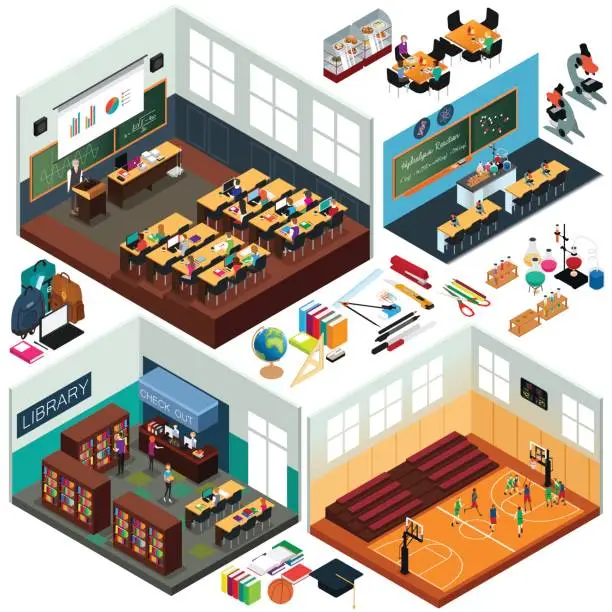 Vector illustration of Isometric Design of School Buildings and Classrooms