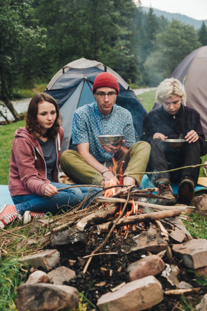 istock Friends sitting near the campfire in camping 813338484