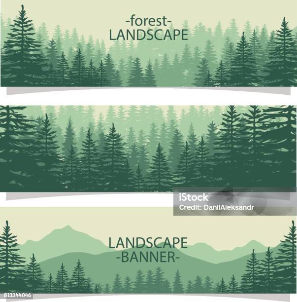 Fir Trees Silhouette Banners Stock Illustration - Download Image Now - Adventure, Animal, Axe