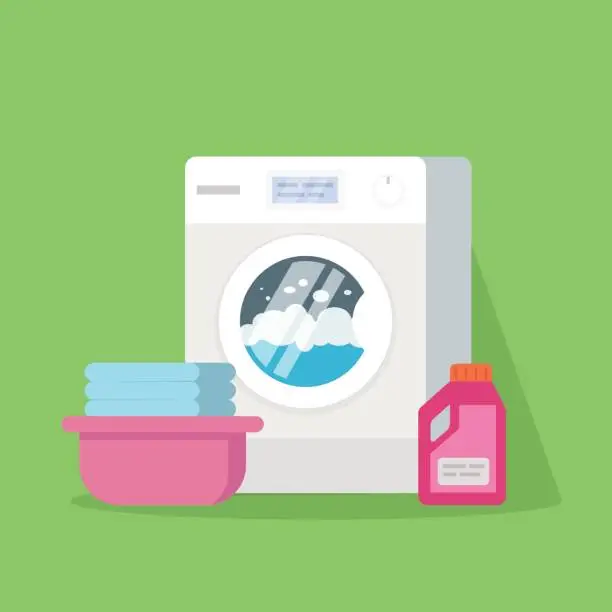 Vector illustration of Washing machine with water and foam, a basin with clean linen, powder or conditioner for linen. Vector illustration of a high quality isolated on a green background.