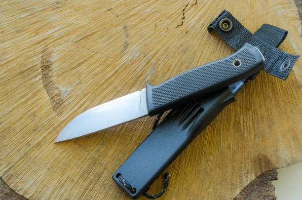 istock Fix knife with plastic case on wood stump. 813360770