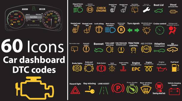 ilustrações, clipart, desenhos animados e ícones de conjunto de mais de 60 coleção de pictogramas com ilustração de carro moderno painel de medidores - dashboard