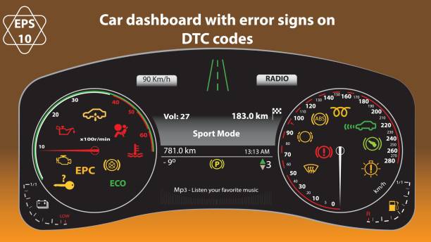 ilustrações de stock, clip art, desenhos animados e ícones de car dashboard in vector format. collection of car panel indicators, yellow, red, green, indicators, gauges, rpm, dtc codes, mp3 bar, distance, average signs. - speedometer odometer car rpm