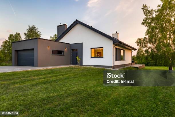 Stylish House With Large Lawn Stock Photo - Download Image Now - House, Outdoors, Modern