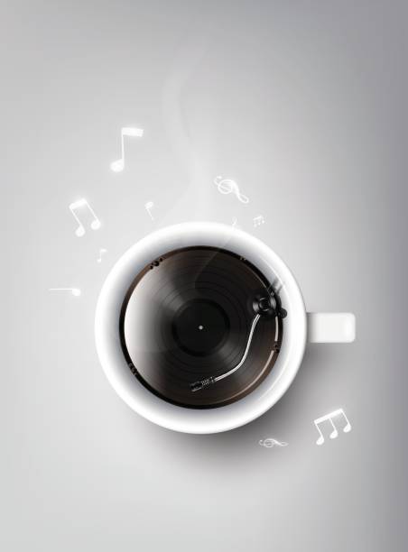 illustrations, cliparts, dessins animés et icônes de noir réaliste tasse de café, vinyl record dans la coupe, illustration vectorielle - fresh coffee audio