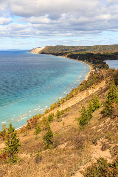 Landscape at sunset of Lake Michigan shoreline, Sleeping Bear Dunes National Lakeshore, Michigan, USA