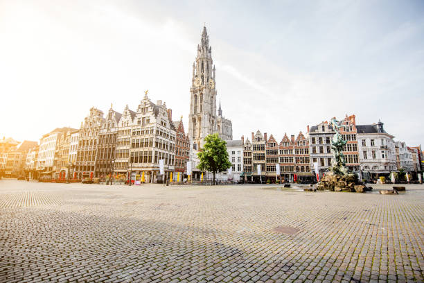 Antwerp city in Belgium Morning view on the Grote Markt with beautiful buildings and church tower in Antwerpen city, Belgium flanders belgium photos stock pictures, royalty-free photos & images