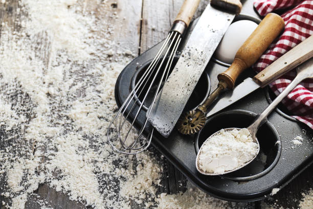 istock Baking concept kitchen cooking cutlery accessories for baking on wooden background with flour. Top View. Cooking Process. Nobody. 813378238