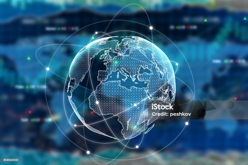 Internation business concept Digital globe on forex background. International business concept. 3D Rendering Global Business Stock Photo
