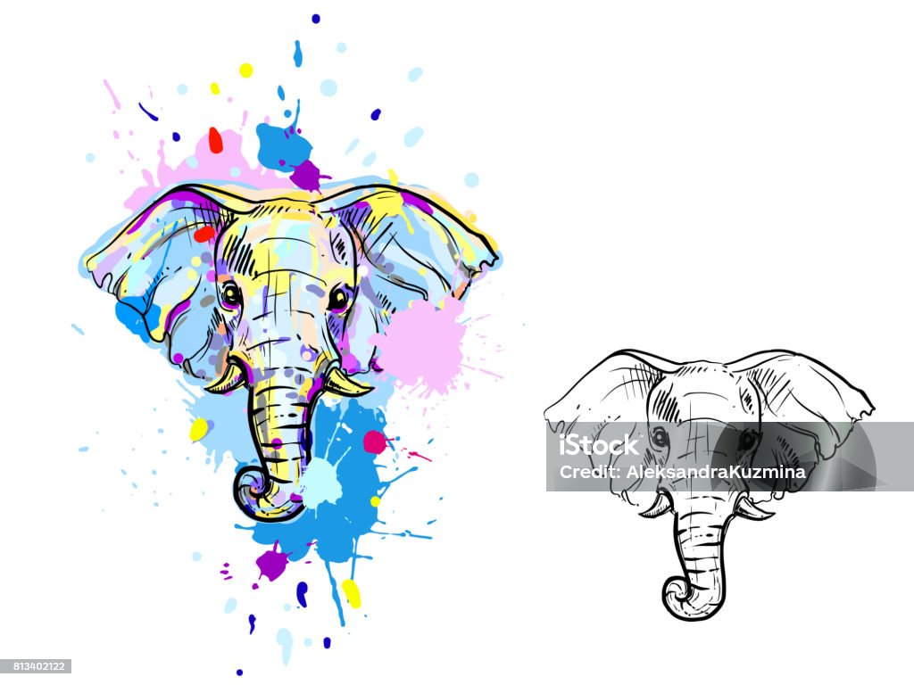 illustration with color and monochrome elephant hand drawn illustration with color and monochrome elephant. sketch. vector eps 8. Elephant stock vector
