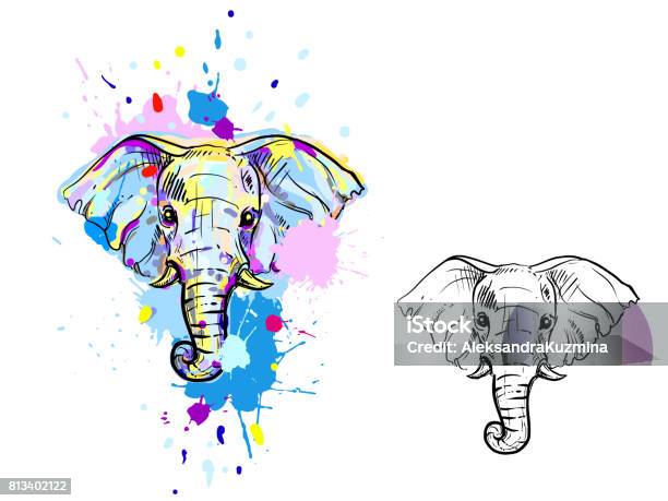 Illustration With Color And Monochrome Elephant Stock Illustration - Download Image Now - Elephant, Paint, Colors